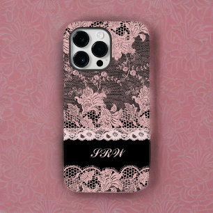 Feminine Roze kant Randen op zwart met Initialen Case-Mate iPhone 14 Pro Max Hoesje