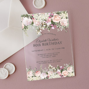 Feminine roze rozen Floral 80th Birthday Party Acryl Uitnodigingen