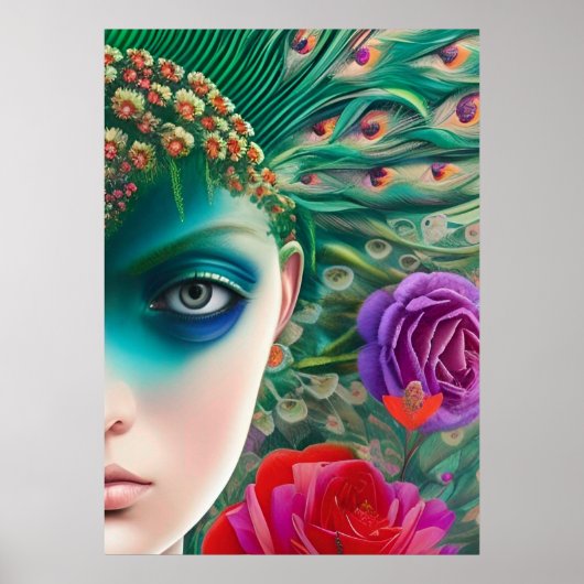 Feminine schoonheid Blauwgroen veren hoofdadres Poster (Voorkant)