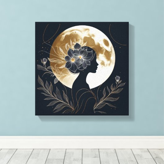 Feminine Silhouette with Golden Moon Elegance Canvas Afdruk (Insitu (Houten vloer))
