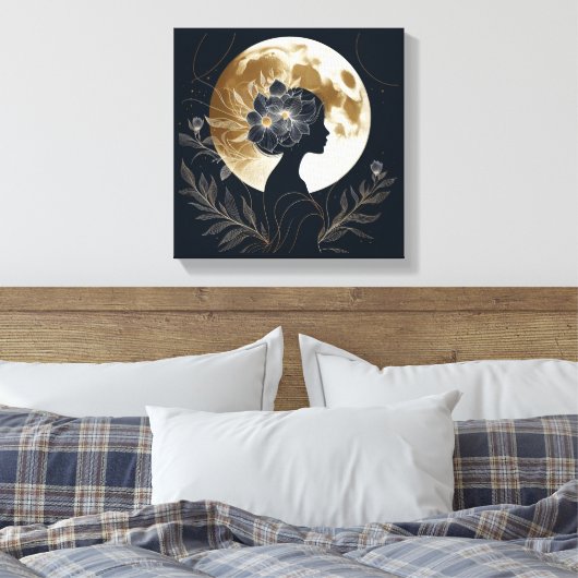 Feminine Silhouette with Golden Moon Elegance Canvas Afdruk (Insitu (Slaapkamer))