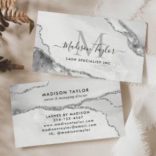 Feminine Silver Gray Glitter Marble Agate Monogram Visitekaartje