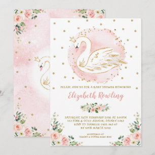 Feminine Swan Princess Pink Gold Baby shower Kaart