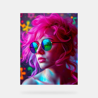 Femme à cheveux roses avec lunettes réfléchissante