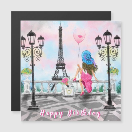 Femme À Paris Carte Anniversaire Magnet Tour Eiffe (Devant / Derrière)
