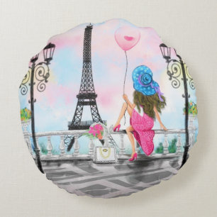 Femme à Paris Coussin rond avec tour Eiffel