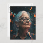 Femme Âgée En Verres Avec Papillons Carte Postale (Devant / Derrière)