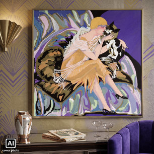 Femme Art Déco Vintage avec Chat par S. Chompre
