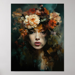 Femme avec affiche d'art de tête de fleur