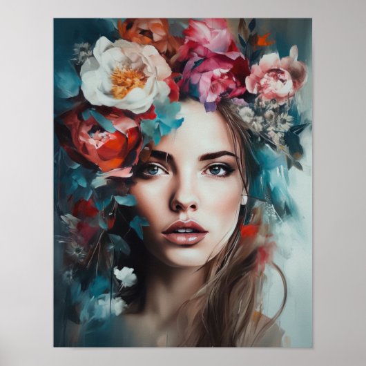 Femme avec affiche d'art de tête de fleur (Devant)