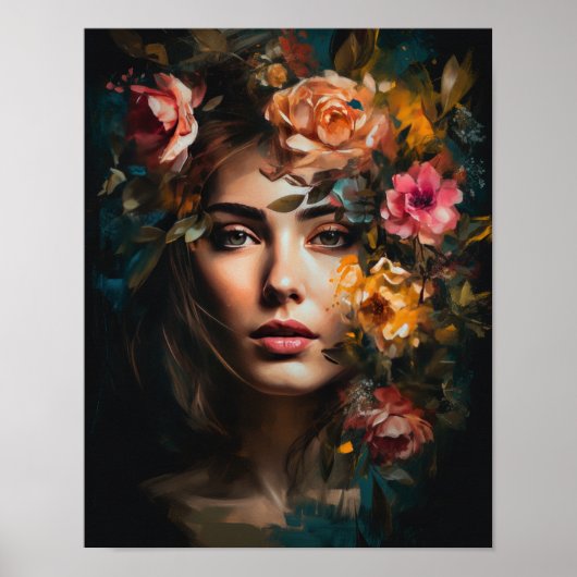 Femme avec affiche d'art de tête de fleurs (Devant)
