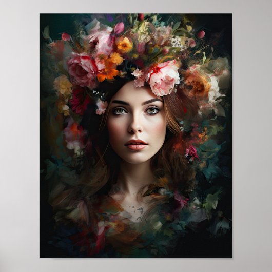 Femme avec affiche d'art de tête de fleurs (Devant)