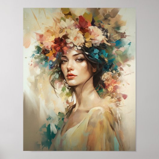 Femme avec affiche d'art de tête de fleurs (Devant)