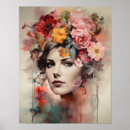 Femme avec affiche d'art de tête de fleurs (Devant)