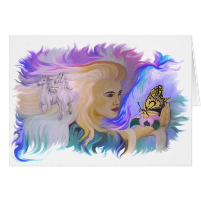 Femme avec cheval et papillon à la main (Devant horizontal)