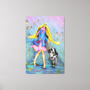 Femme avec chien dans la toile de pluie Imprimer a