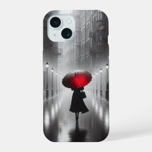 Femme avec parapluie rouge sous la pluie
