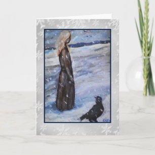 Femme dans la neige avec la carte d'art de