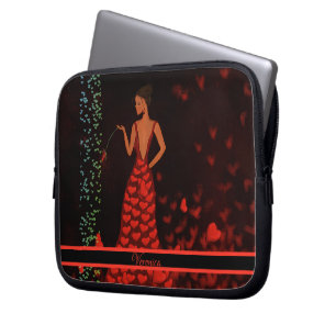 Femme dans le sac électronique rouge habillé