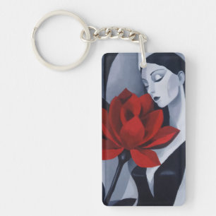 Femme d'art moderne avec rose rouge porte-clés en