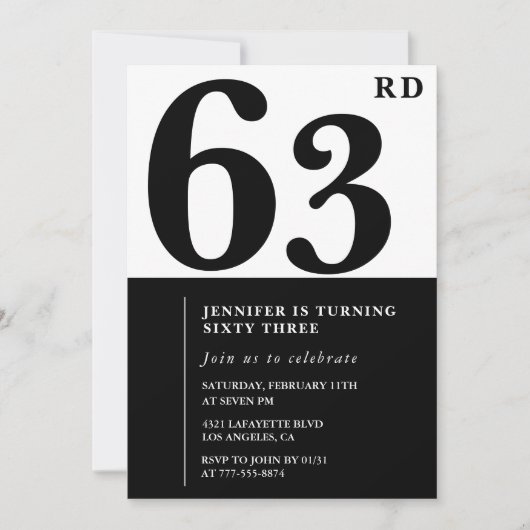 Femme Elegant 63e anniversaire invitation Noir (Devant)