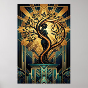 Femme élégante Art Déco silhouette d'arbre noir or