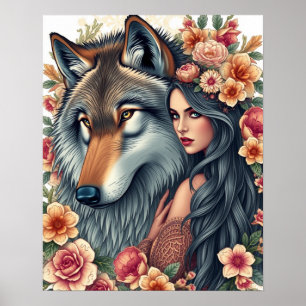 Femme Élégante avec Loup & Fleurs Affiche