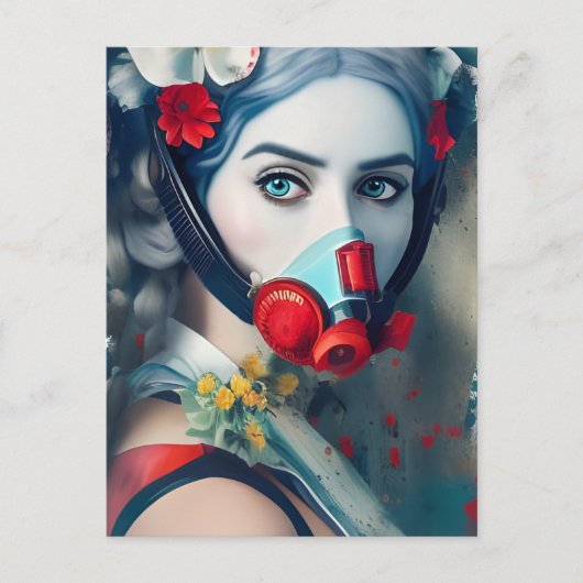 Femme en masque à gaz et carte postale de fleurs (Devant)