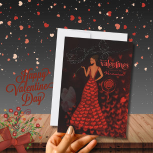 Femme en Robe Rouge Valentines Carte de Jour
