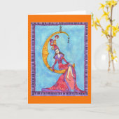 Femme et chat dans la carte de voeux de croissant (Fleur jaune)