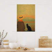 Femme et chat noir Giclée Impression Sérénité Mini (Cuisine)