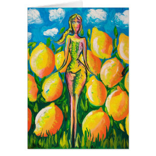 Femme et citrons vierges sur la carte de voeux