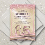 Femme Glam 65e anniversaire Invitation<br><div class="desc">Ce design d'anniversaire chatouille avec élégance et grâce de poule, comme elle. Avec sa typographie, sa parties scintillant, ses serpentins et ses confettis de style vintage, ce design est la touche parfaite de douceur et de style pour son grand jour. Le jeu de couleurs rose rose et or et les...</div>