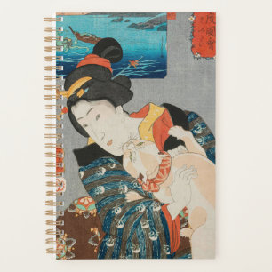 Femme jouant avec chat Vintage japonais imprimé