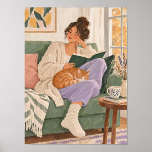 Femme lisant avec un chat en automne – Affiche