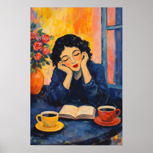 Femme lisant une affiche de café, impressionniste