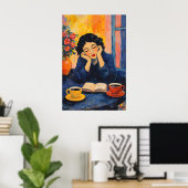 Femme lisant une affiche de café, impressionniste (Bureau à domicile)