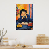Femme lisant une affiche de café, impressionniste (Cuisine)