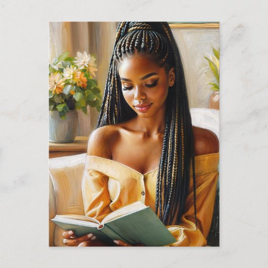 Femme Noire avec tresse Cheveux Lecture Carte Post (Devant)