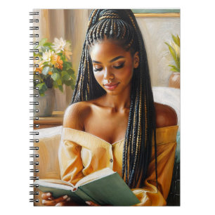 Femme noire avec tresses Lecture Carnet d'art
