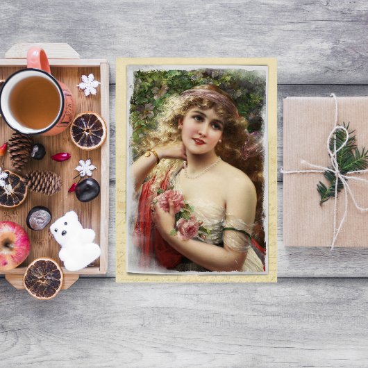 Femme victorienne avec Roses roses rose Carte de f