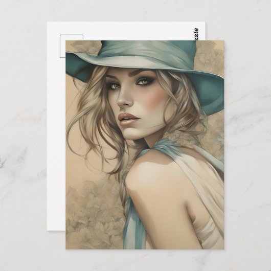 Femme vintage en bleu carte postale (Devant / Derrière)