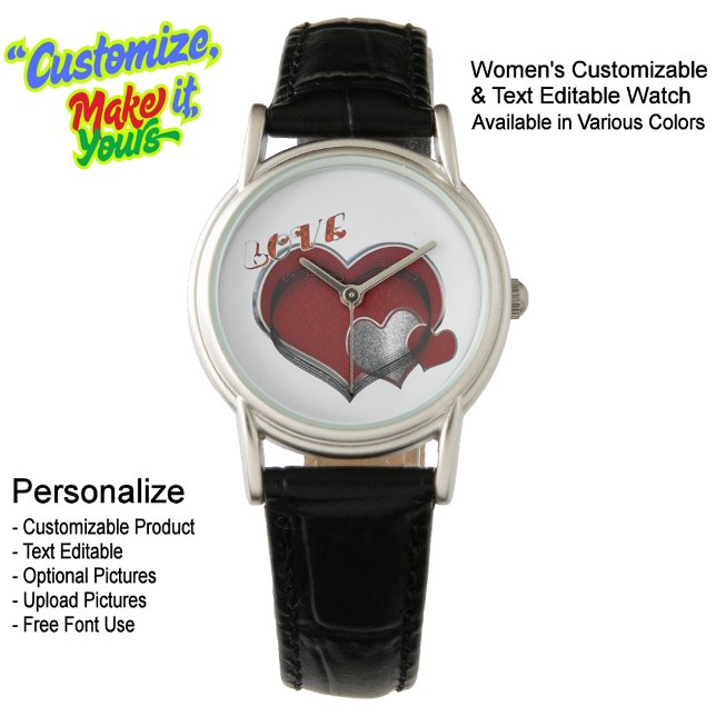 Femmes Coeur Magie Classique Cuir Noir Montre (Heart Magic Classic Black Women's Leather Watch White Face - Customizable & Text Editable.)