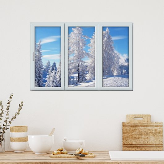 Fenêtre Arbres gelés avec une affiche de vue (Cuisine)