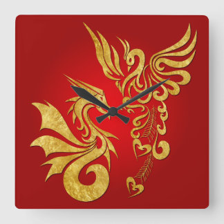 Feng Shui Golden Phoenix & Dragon Clock - red Vierkante Klok
