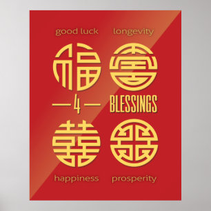 Feng Shui Wall Art - Red Vier zegeningen Poster