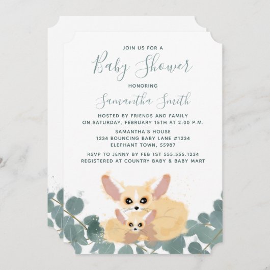 Fennec Fox Baby shower Waterverf groen Kaart (Voorkant / Achterkant)