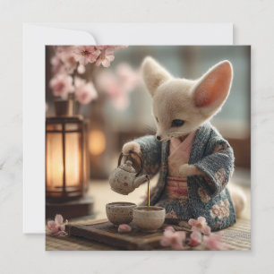 Fennec Fox in een kimono die een theeceremonie uit Feestdagenkaart