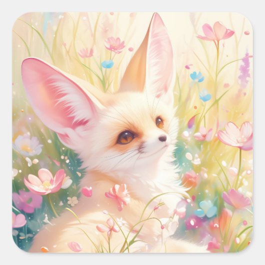 Fennec Fox rust in een bloeiende weide Vierkante Sticker (Voorkant)