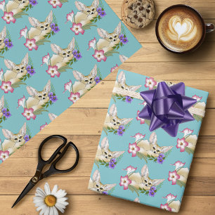 Fennek Vos Roze Paarse Bloemen Mooie Blauwe Boitan Cadeaupapier